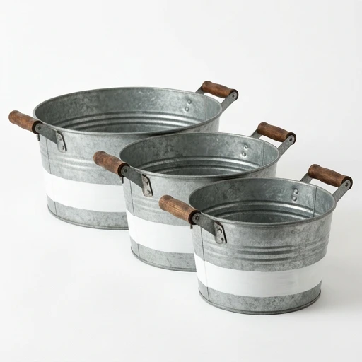 1DI-1709 – Round Tubs with White Base & Wood Handles — Set of 3