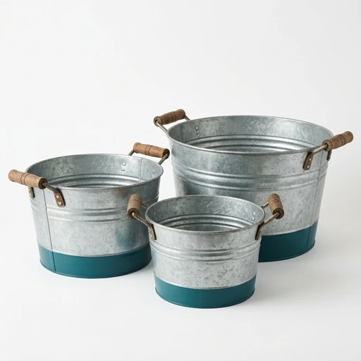 1DI-1710 – Round Tubs with Teal Base & Wood Handles — Set of 3
