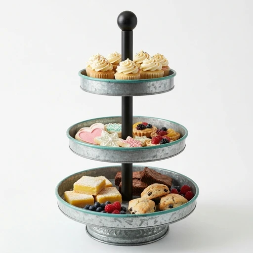 1DI-1712 – 3-Tier Galvanized Cake Stand with Teal Accent