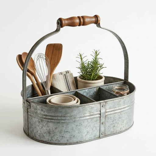 1DI-1727 – Oval Galvanized Caddy with Arched Wooden Handle