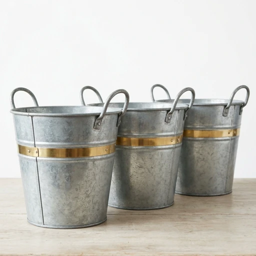 1DI-4325 – Brass-Band Garden Buckets — Set of 3