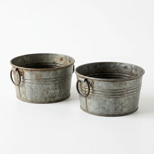 1DI-4326 – Round Tub Planters with Ring Handles — Set of 2
