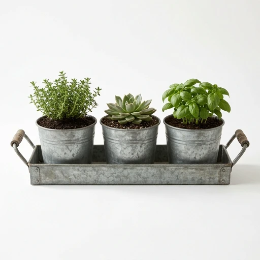 1DI-4330 – Three-Pot Tray Planter — Long Galvanized Tray