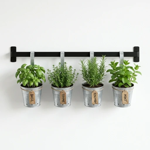 1DI-4338 – Wall-Mount Herb Rail with Galvanized Pots