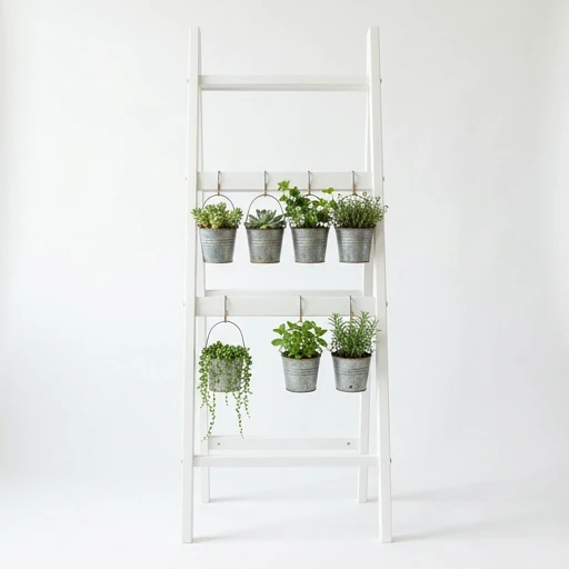 1DI-4346 – Wood Ladder Shelf with 6 Hanging Galvanized Pots