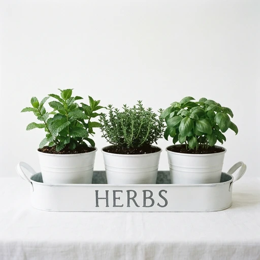 1DI-4370 – "HERBS" Tray with 3 White Galvanized Pots
