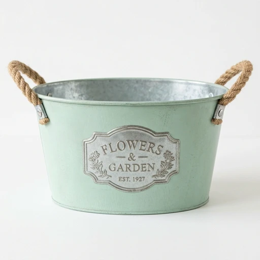 1DI-4378 – Pale Mint "Flowers & Garden" Rope-Handle Bucket