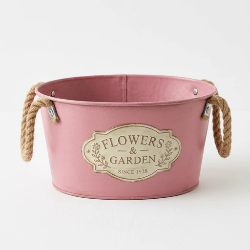 1DI-4392 – Pink "Flowers & Garden" Rope-Handle Oval Bucket