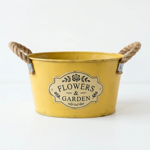 1DI-4393 – Yellow "Flowers & Garden" Rope-Handle Oval Bucket