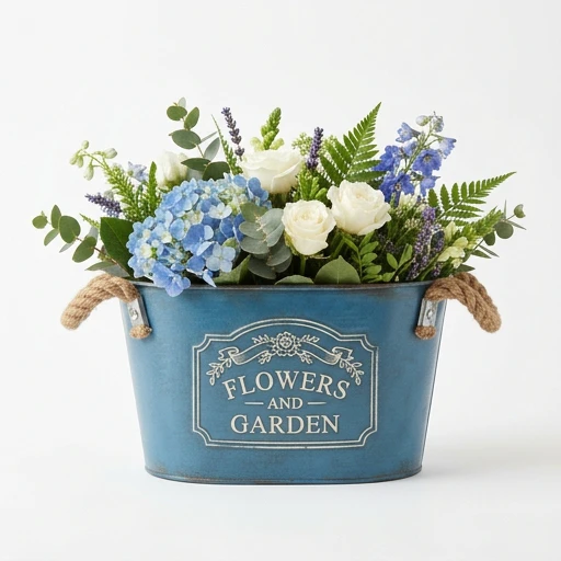 1DI-4394 – Blue "Flowers & Garden" Rope-Handle Oval Bucket