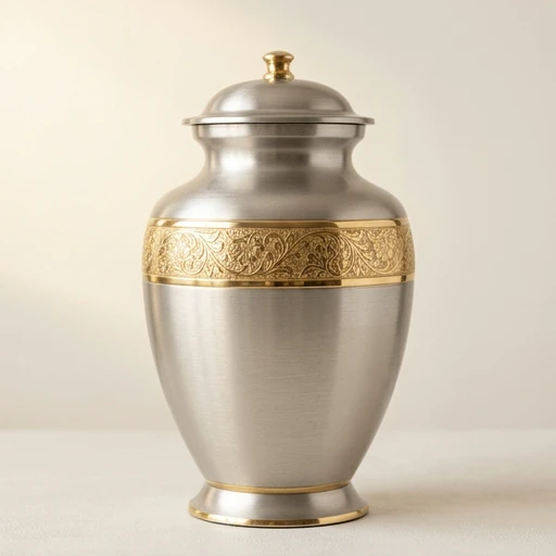 1DI-062 — Brushed Silver Brass Urn with Gold Band