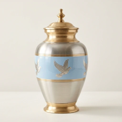 1DI-068 — Pewter Brass Urn with Soaring Birds Inlay