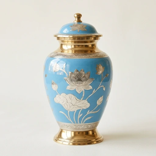 1DI-781 — Sky-Blue Floral Silver-Inlay Brass Urn