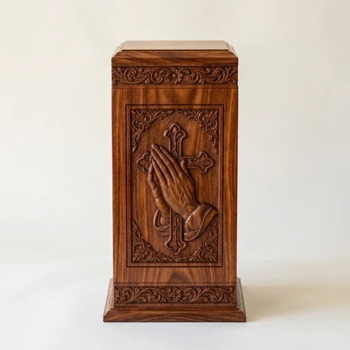 RI00196 — Sheesham Tall Urn — Praying Hands & Cross