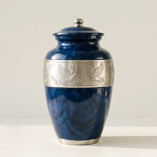 RI0053 — Indigo Marble Aluminum Urn — Silver Birds