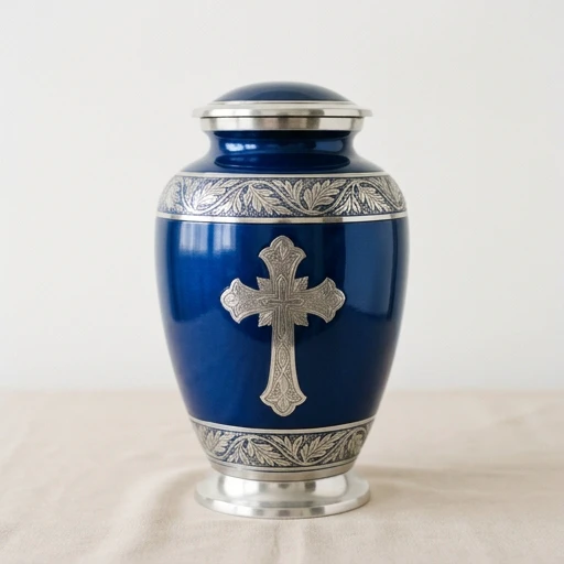 RI0058 — Royal Blue Christian Cross Aluminum Urn