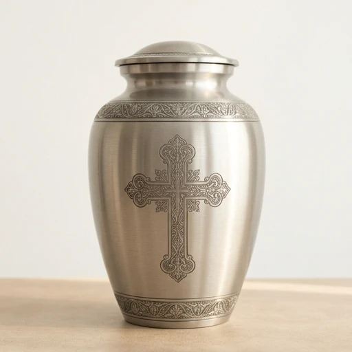 RI0060 — Pewter Silver Christian Cross Aluminum Urn