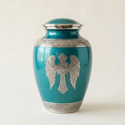 RI0068 — Teal Winged-Cross Aluminum Urn
