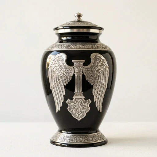 RI0070 — Onyx Black Aluminum Urn — Silver Wings