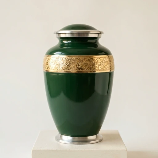 RI0075 — Forest Green Aluminum Urn with Gold Band